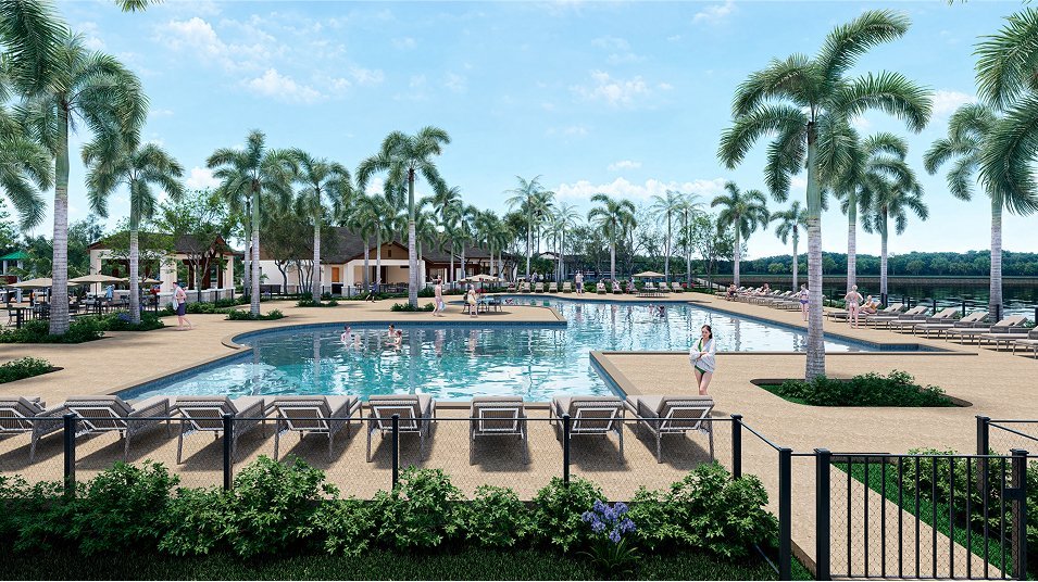 Artist rendering of the resort pool planned for Lennar at Turnleaf in Punta Gorda, Florida, with sun loungers, palms and a lake behind