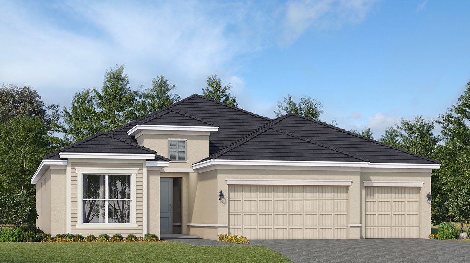 Princeton II single-story home exterior with three-car garage at Valencia Golf & Country Club in Naples, Florida
