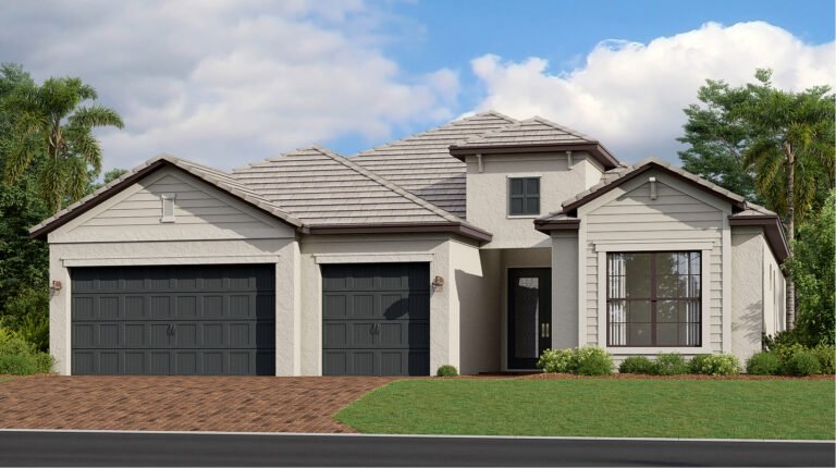 Summerville II single-story home exterior with three-car garage at Valencia Golf & Country Club
