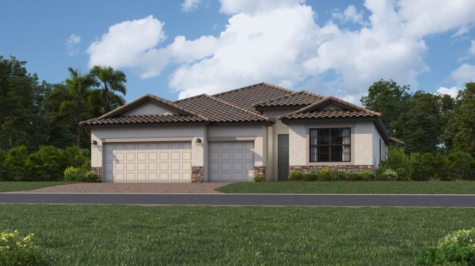 Tivoli single-story home exterior with three-car garage at Valencia Golf & Country Club in Naples, Florida