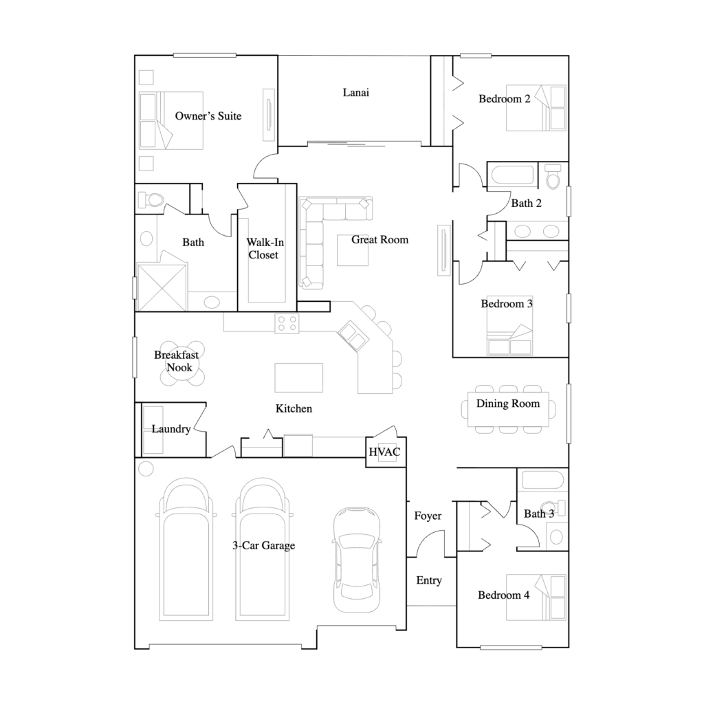 Tivoli floor plan diagram — 2,267 square feet, four bedrooms, three baths, at Valencia Golf & Country Club in Naples, Florida