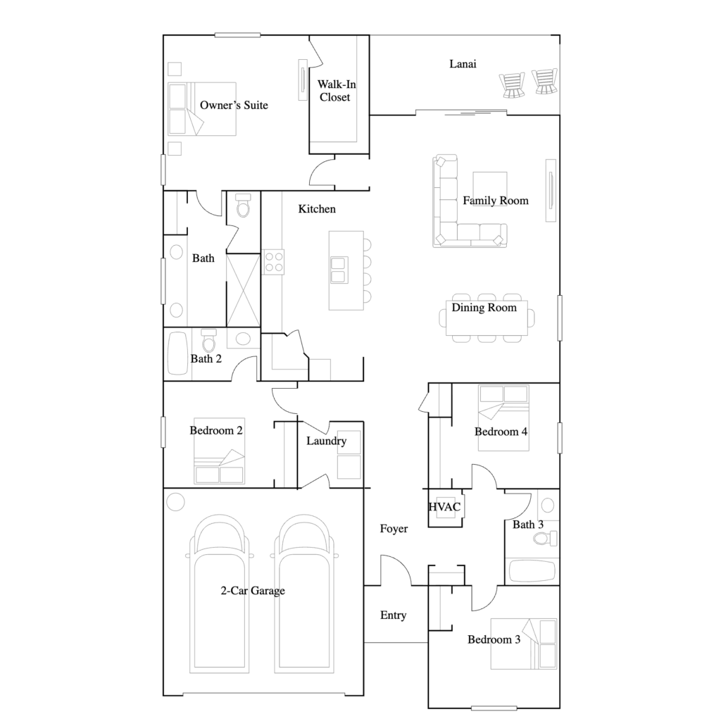 Trevi floor plan diagram — 2,032 square feet, four bedrooms, three baths, two-car garage, at Valencia Golf & Country Club in Naples, Florida