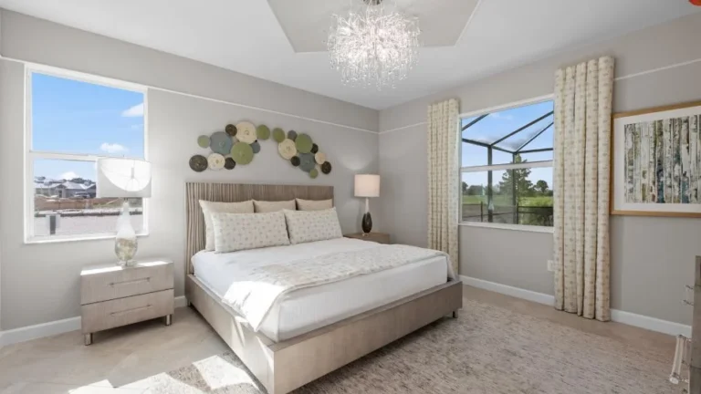 The owner’s suite, set apart from the other three bedrooms in the Trevi at Valencia Golf & Country Club, Naples FL