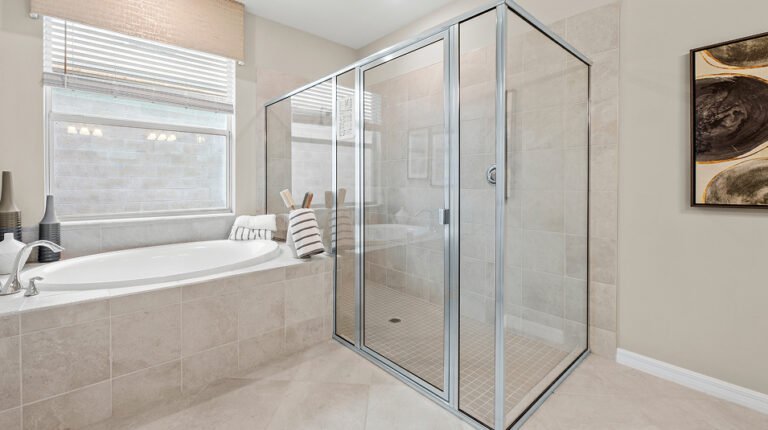 Glass shower enclosure included as standard in Lennar homes at Valencia Golf & Country Club, Naples FL