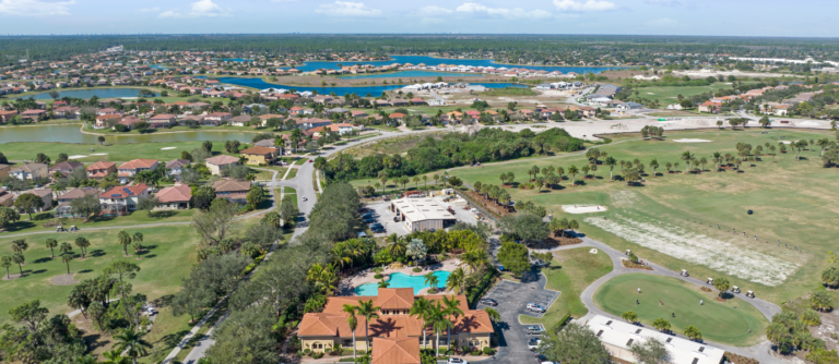 An aerial view along the streets of Valencia Golf & Country Club, Naples FL